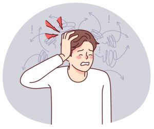 A cartoon person experiencing migraine. They are holding their hand on the side of their head and have a painful look on their face. Sparks and swirls around the head represent headache and migraine symptoms