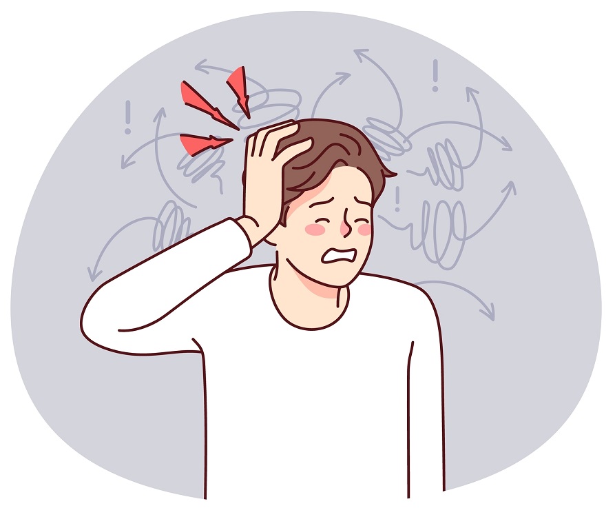 A cartoon person experiencing migraine. They are holding their hand on the side of their head and have a painful look on their face. Sparks and swirls around the head represent headache and migraine symptoms