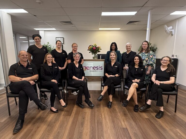 The dedicated team at Genesis Research Services posing with NSW Health Clinical Trials Quality Recognition Scheme assessors