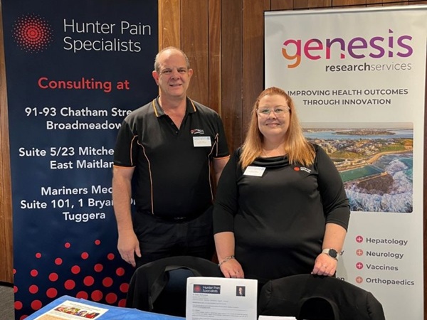Dr Deon Smith, investigator at Genesis Research Services, and Nyree from Hunter Pain Specialists attended the HPMI Pain Update.