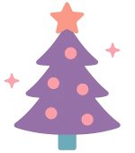 A purple Christmas tree with pink baubles and an orange star.